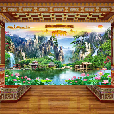 仙道佛天宫天庭墙纸流水生财祠堂禅房背景壁画佛堂供佛山水画壁纸