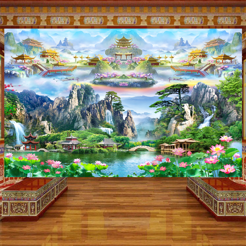 仙道佛天庭天宫仙境墙纸佛堂供桌背景墙装饰壁画流水聚财古亭壁纸