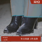 AMERI秋冬方头粗跟异型跟真皮古着弹性舒适彩色短靴01121231140