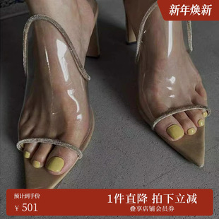 女02111230770 穆勒鞋 AMERI女士春夏透明尖头裸色高跟凉鞋 拖鞋