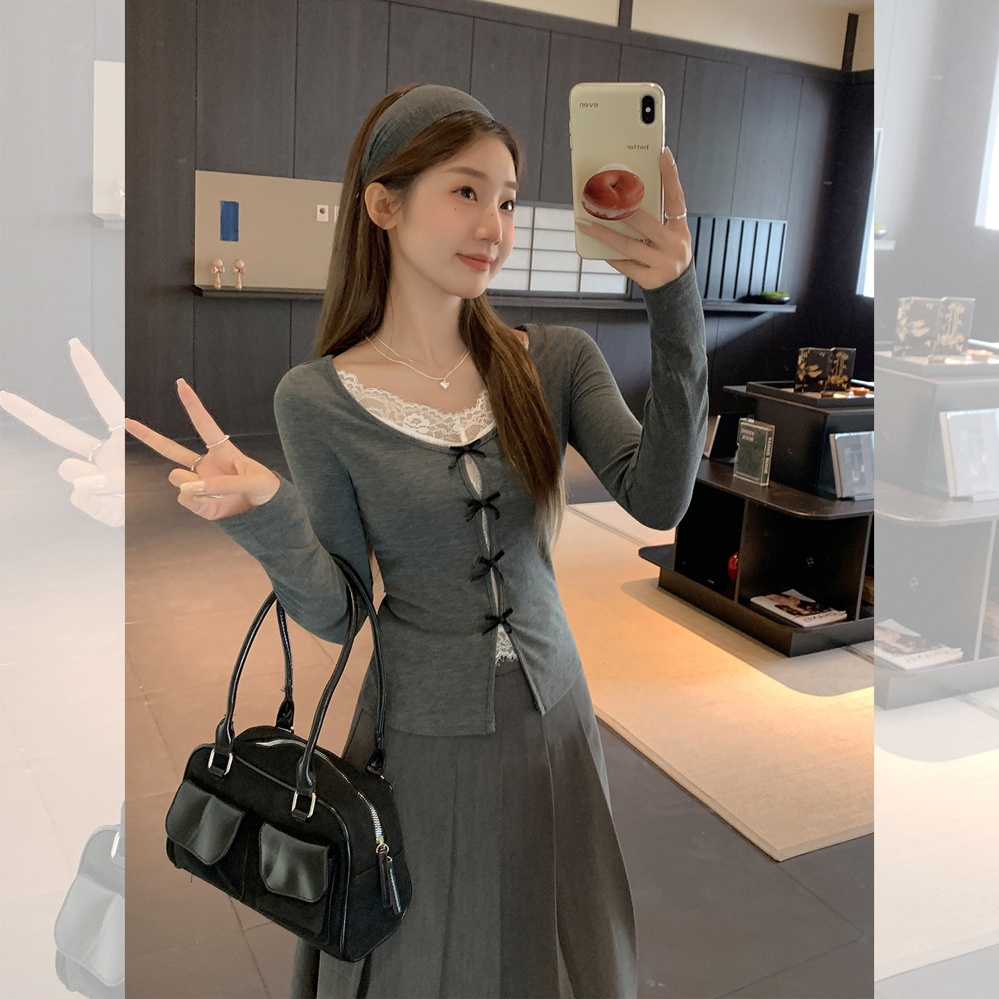 韩系假两件蕾丝花边长袖T