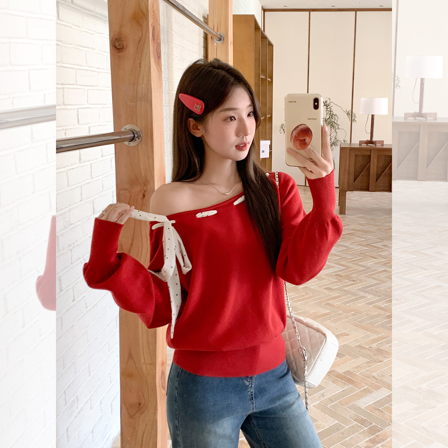 斜肩露肩波点飘带红色毛