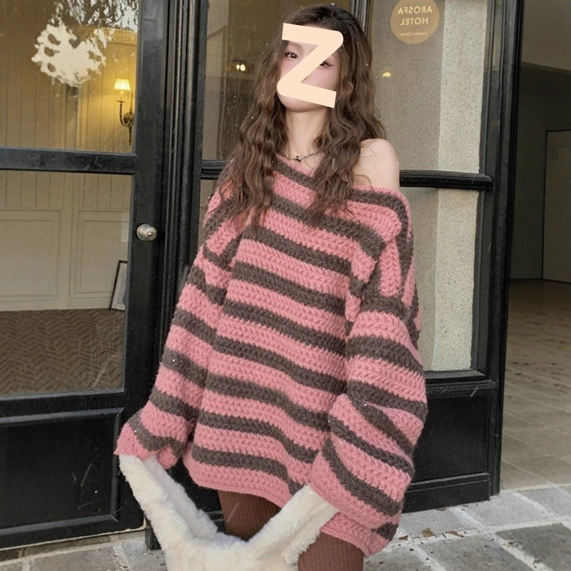 慵懒风撞色条纹毛衣女装秋冬2025新款韩版宽松中长款长袖针织上衣