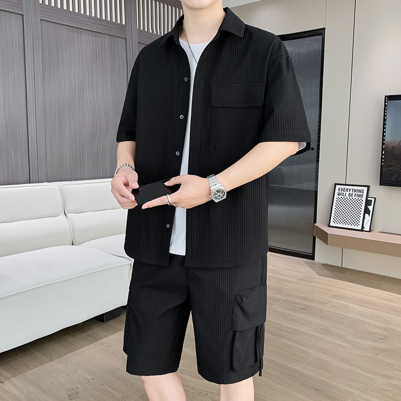 衬衣短裤男士短袖衬衫套装夏季薄款宽松工装风情侣休闲运动两件套