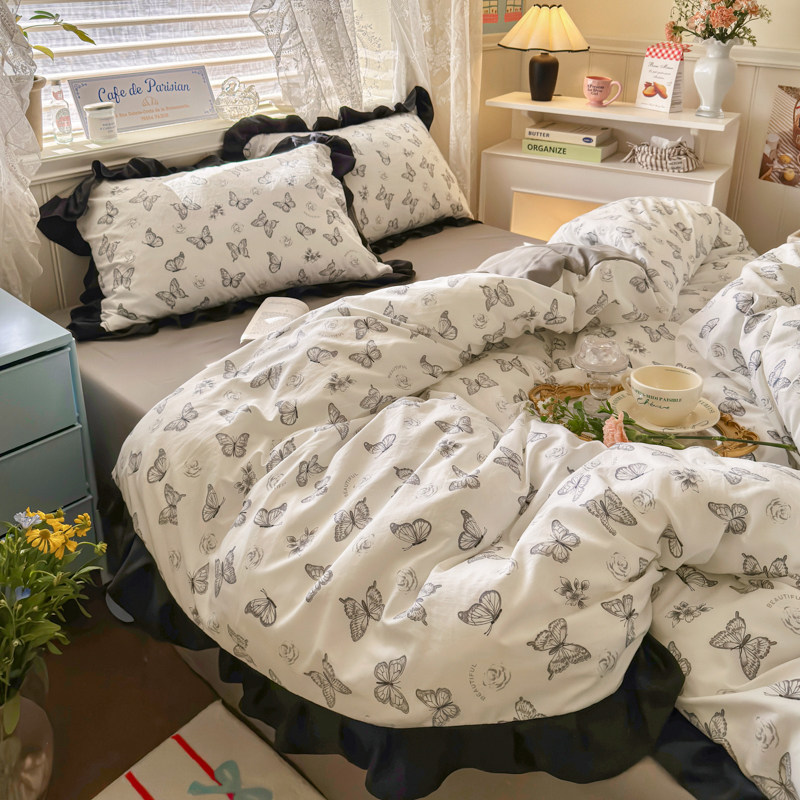 卡通韩式公主风花边水洗棉四件套少女心蕾丝被套床单学生三件床品