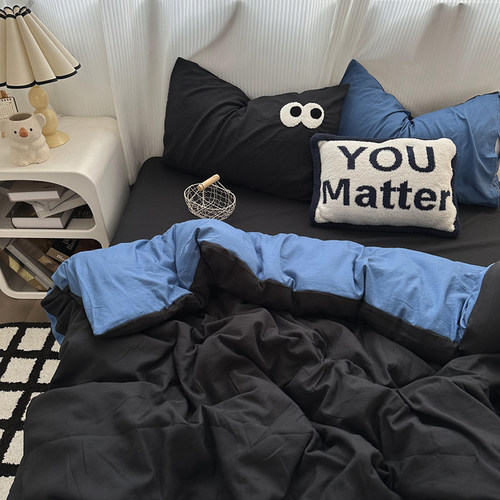 博主混搭黑配蓝水洗棉床单四件套