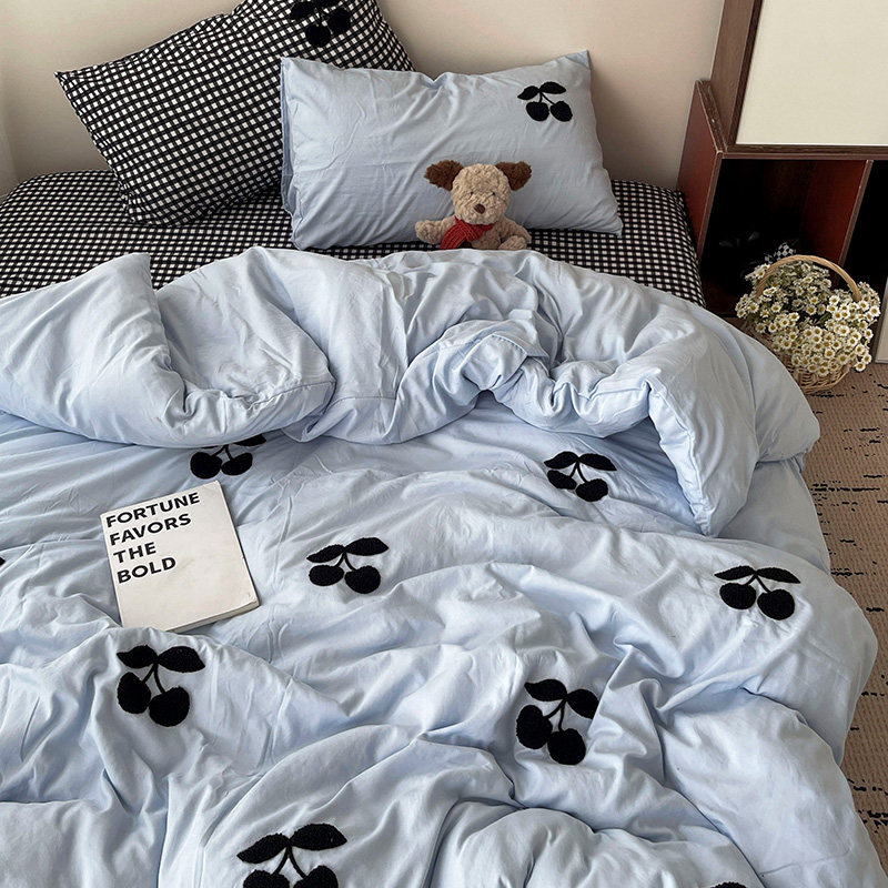 ins风混搭蓝色毛巾绣水洗棉四件套樱桃被罩床单格子宿舍单人三件4