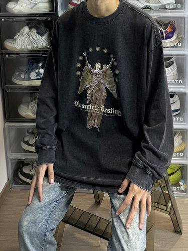 AU8OFCLUB 潮牌美式复古水洗天使印花圆领长袖T恤男女情侣打底衫