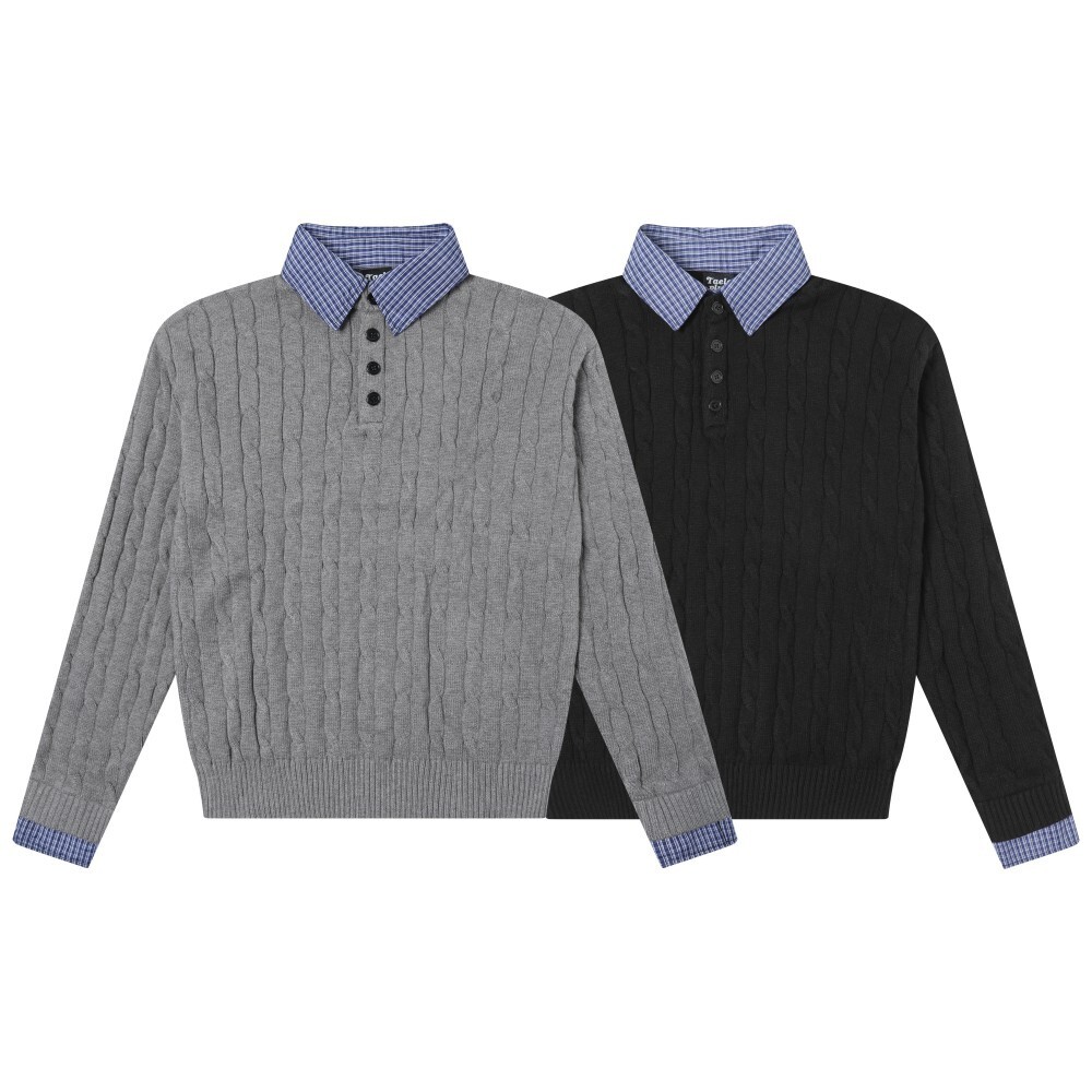 AU8OFCLUB 美式复古假两件毛衣男款秋冬季针织衫衬衫领内搭打底线