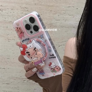 可爱kitty头套左卫门猪猪磁吸支架适用iphone16promax苹果15手机壳14双层工艺13防摔15promax保护套 guanview