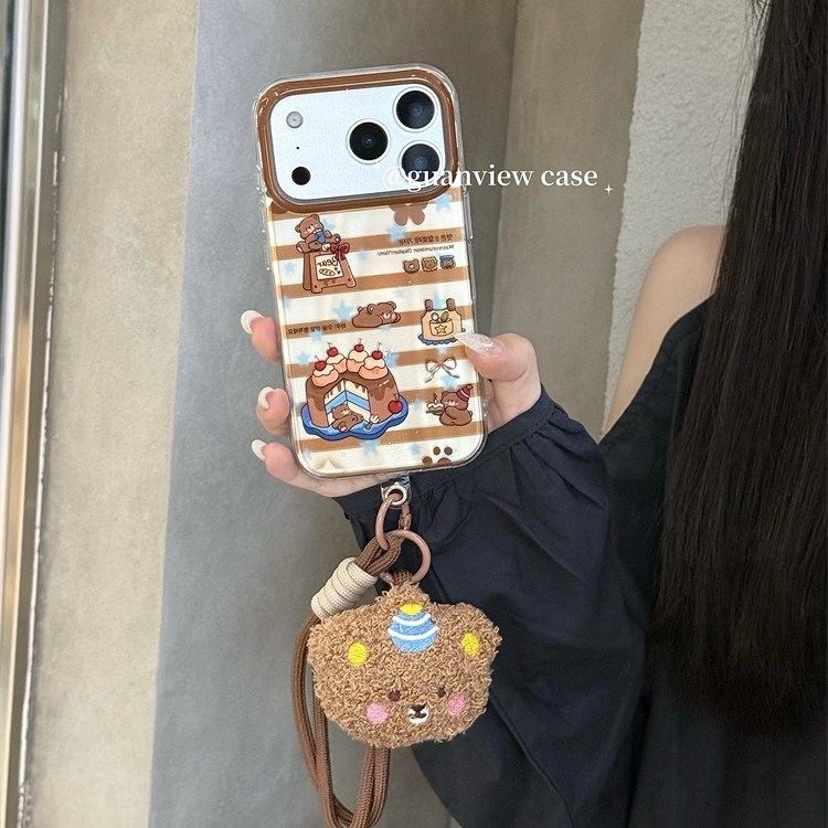 guanview ins镭射条纹小熊蛋糕适用iPhone17Promax苹果16pro手机壳15/14毛绒手提挂绳13防摔17pro卡通保护套,3C数码配件,手机保护套/壳,淘宝优惠券,粉丝福利购,淘宝优惠卷