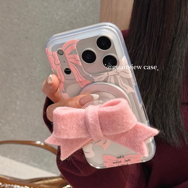 小众甜美粉红毛绒蝴蝶结磁吸壳