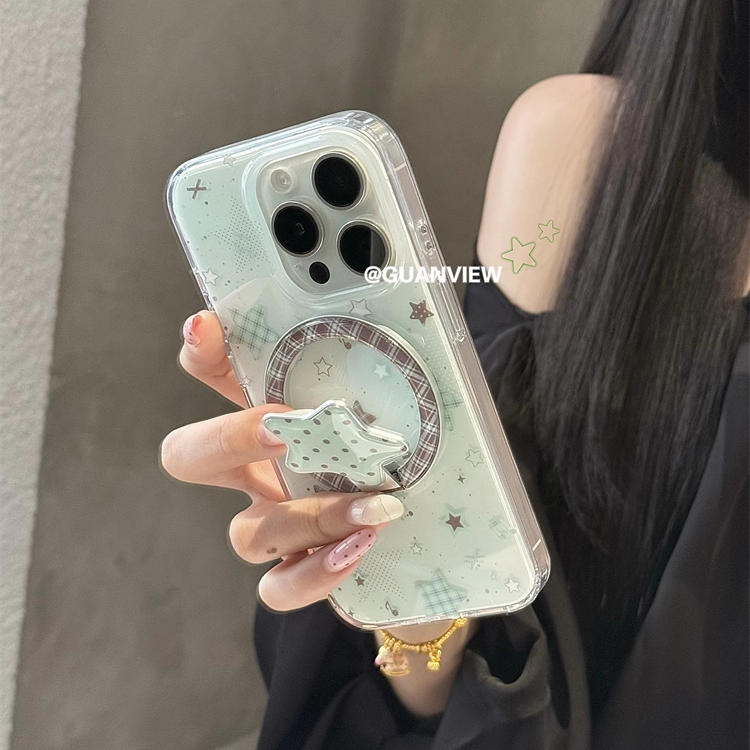 ins棕绿拼色格纹星星旋转磁吸壳