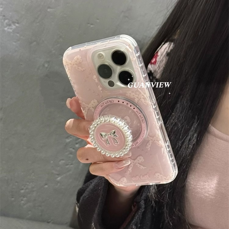 气质浅粉珍珠金属蝴蝶结磁吸支架