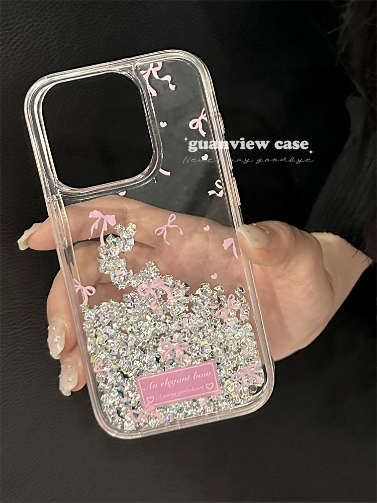 甜美粉色蝴蝶结流沙水钻手机壳