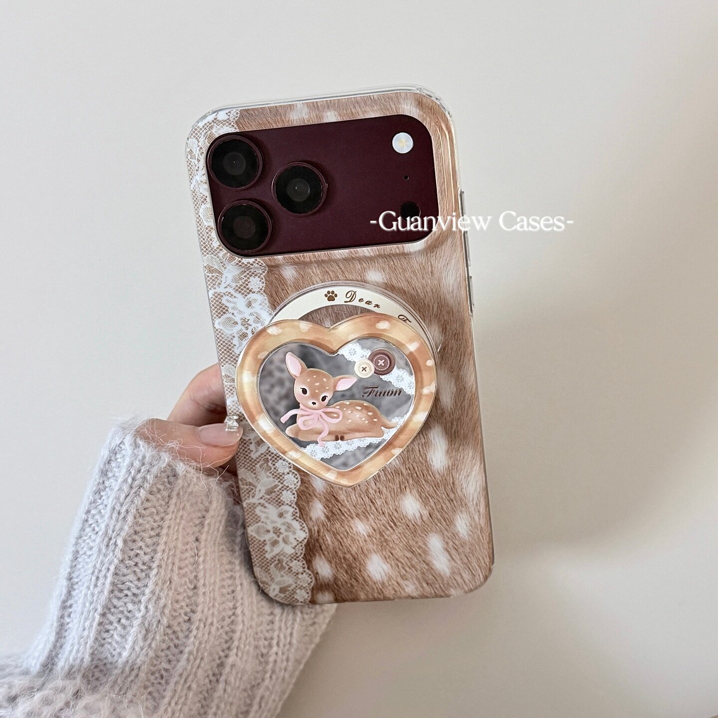 guanview 秋冬ins小众蕾丝梅花鹿爱心镜子磁吸支架适用苹果18promax手机壳iphone17pro新款15女16全包防摔套