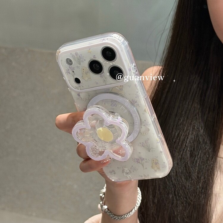 guanview 小清新紫色花朵兔兔摇摇乐磁吸支架适用iphon