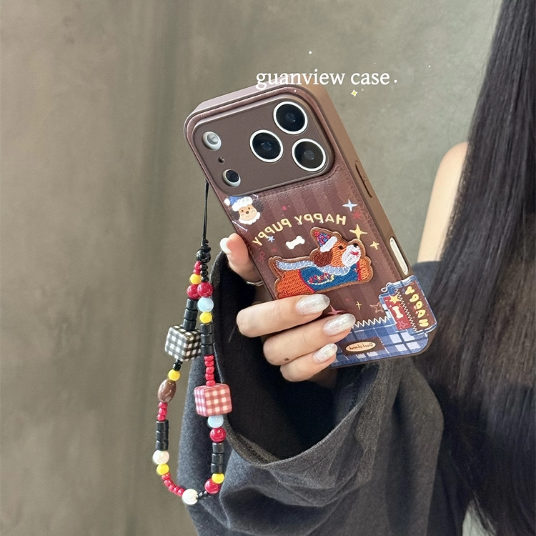 guanview 秋冬美拉德刺绣腊肠狗狗适用iphone17promax苹果16pro手机壳15/14新款13防摔17pro带链条P80Pro软套