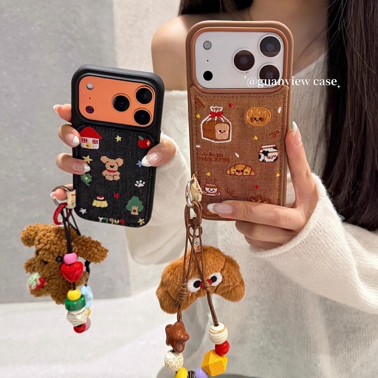 可爱牛仔布艺刺绣吐司小熊手机壳