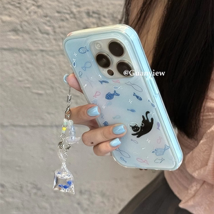 guanview ins小众蓝底游动黑猫小鱼挂件适用iphone17promax苹果16pro手机壳14二合一硅胶13防摔15可爱保护套