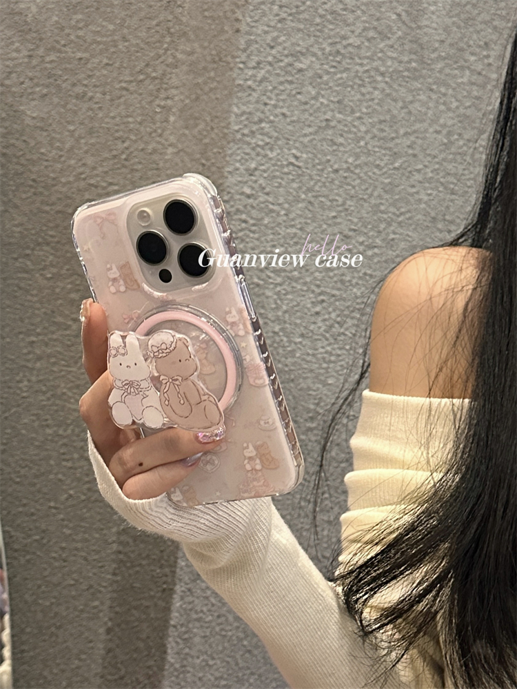 guanview 少女可爱油画蝴蝶结小熊兔子磁吸壳适用iPhone16ProMax苹果15手机壳13全包边14粉双层硅胶12防摔套