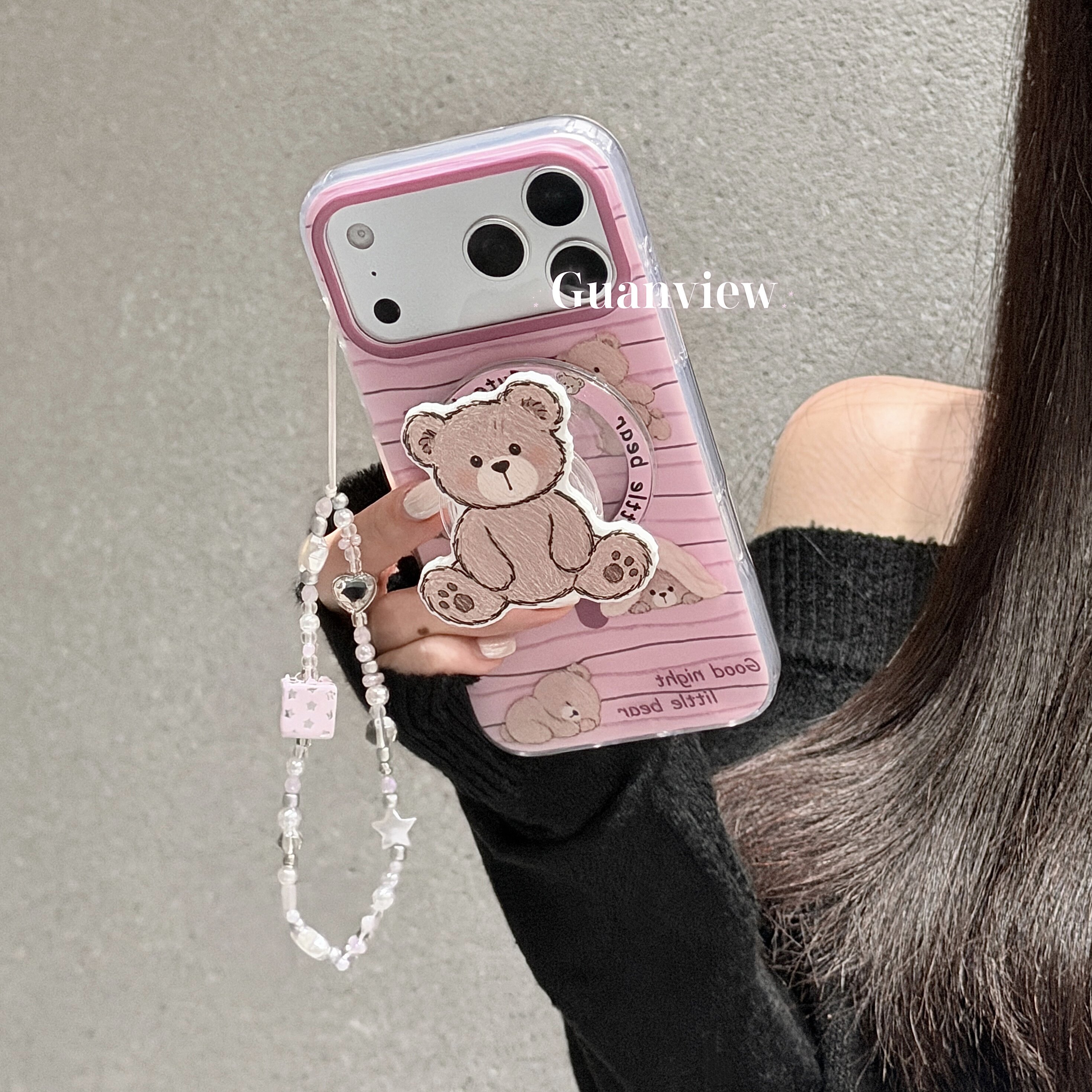 guanview 甜妹ins粉紫条纹布偶小熊磁吸支架于苹果18promax手机壳iphone17pro新款17promax链条16pro防摔套18