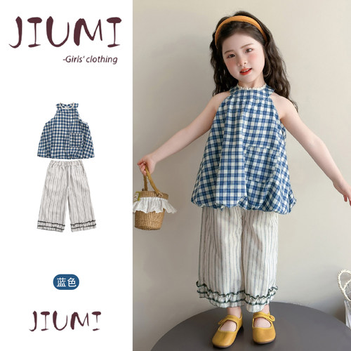 薄款花苞格子上衣花边长裤两件套