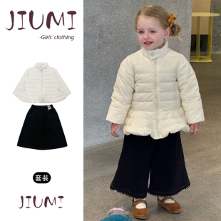 女童冬季新款可爱甜美抽绳轻薄羽绒服套头针织毛衣锁边阔腿裤套装