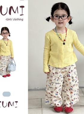 女童春季韩系甜美针织开衫KT裤套装宝宝长袖上衣卡通裤子舒适套装