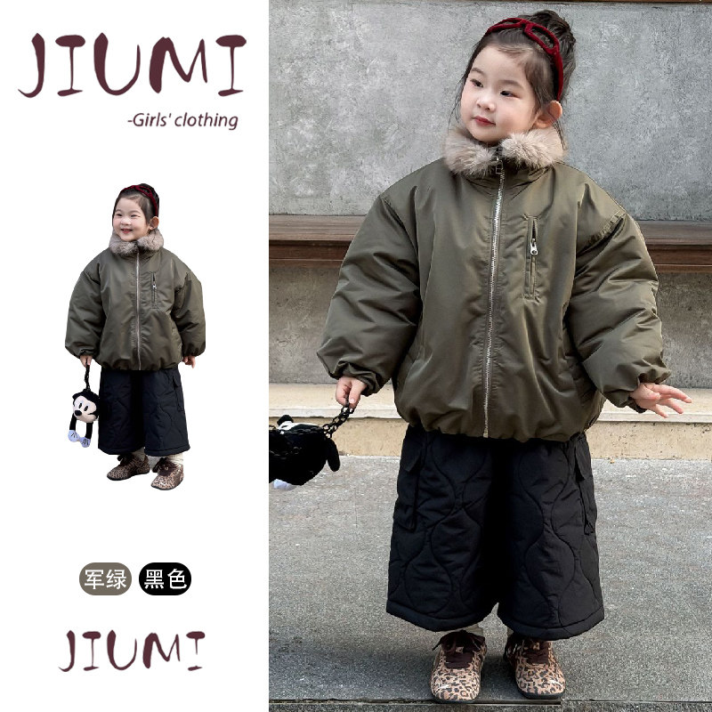 女童韩版毛领棉衣保暖套装女宝宝时尚洋气棉外套黑色棉裤保暖套装