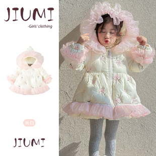 女童冬季 保暖棉外套 小花甜美可爱羽绒服女宝宝加厚连帽花边中长款