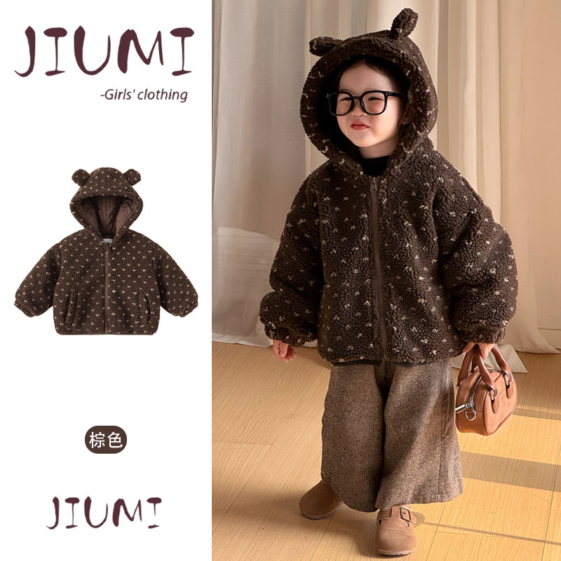 女童冬季韩版可爱卡通保暖套装宝宝羊羔毛连帽外套阔腿毛呢裤套装