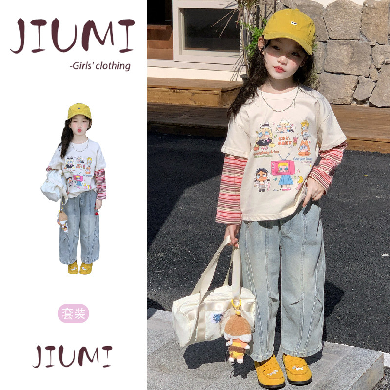 女童春季卡通假两件长袖牛仔裤休闲套装宝宝洋气韩版舒适休闲套装,童装/婴儿装/亲子装,套装,淘宝优惠券,粉丝福利购,淘宝优惠卷