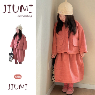 女童秋季新款复古粉色呢子大衣半裙两件套女宝宝加厚保暖气质套装