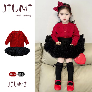 女童春秋新款甜美针织开衫超蓬凸凸裙套装女宝宝气质可爱韩系套装