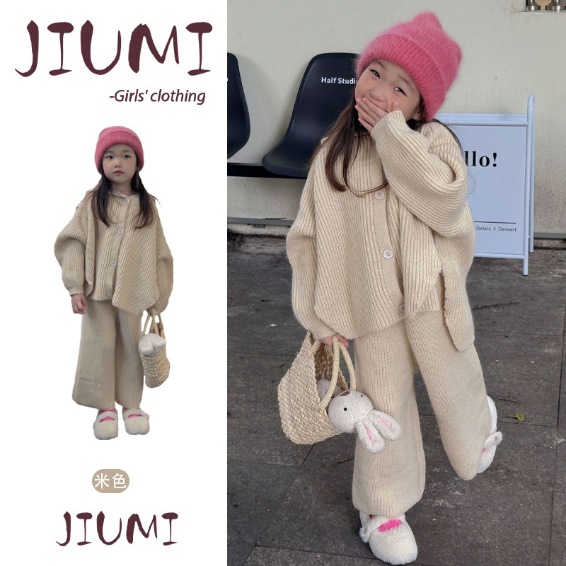 女童秋季新款针织毛衣套装女宝宝针织开衫卫衣宽松针织裤子两件套