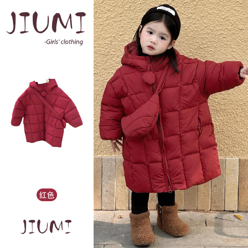 女童冬季红色长款加厚保暖棉服女宝宝连帽羽绒棉奥绒打底裤两件套