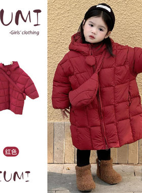 女童冬季红色长款加厚保暖棉服女宝宝连帽羽绒棉奥绒打底裤两件套