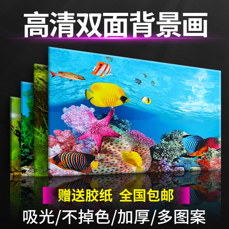 鱼缸背景贴纸画高清图3d立体鱼缸壁纸背景画双面水族箱装饰鱼缸贴图片