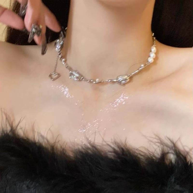 美式不规则拼接珍珠钛钢项链女小众设计高级感锁骨链轻奢时尚百搭