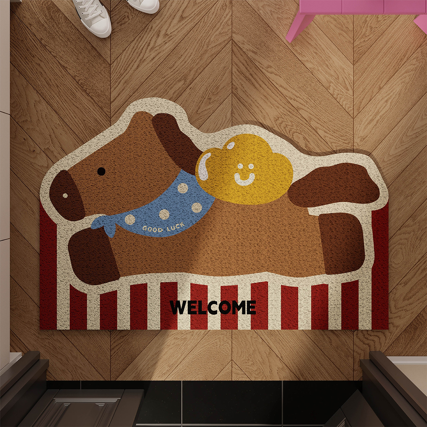 卡通喜庆新年小马入户地垫丝圈防滑耐脏大门口进门脚垫可自由裁剪,居家布艺,入户地垫,淘宝优惠券,粉丝福利购,淘宝优惠卷