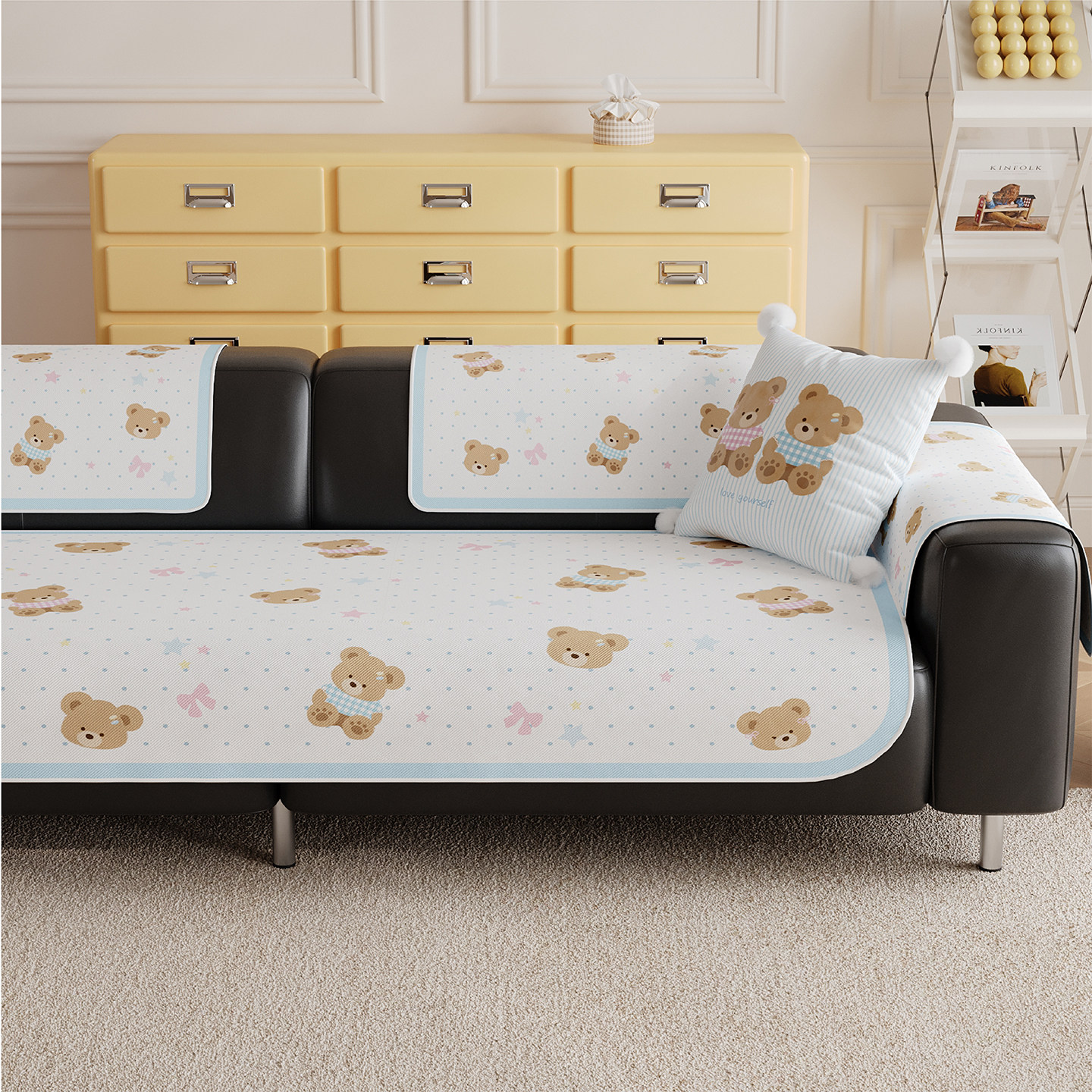 卡通奶油小熊沙发垫夏季冰丝凉感防滑直排沙发盖布巾透气凉席坐垫
