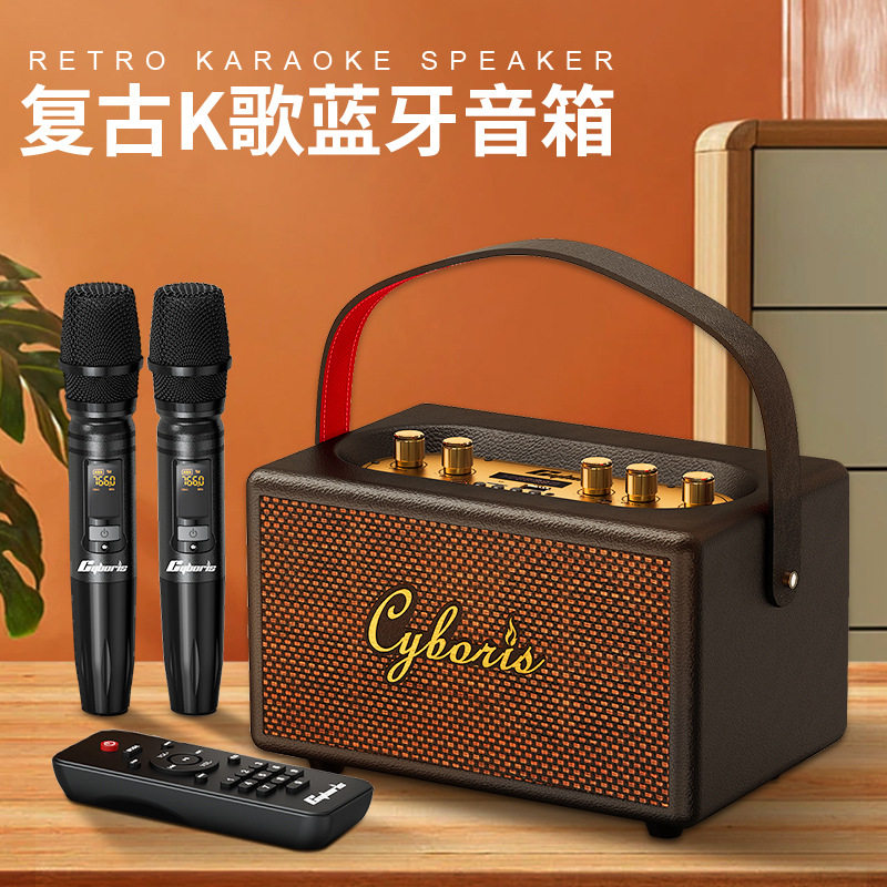Cyboris家用K歌无线蓝牙音箱户外手提便携复古话筒音响收音机FM