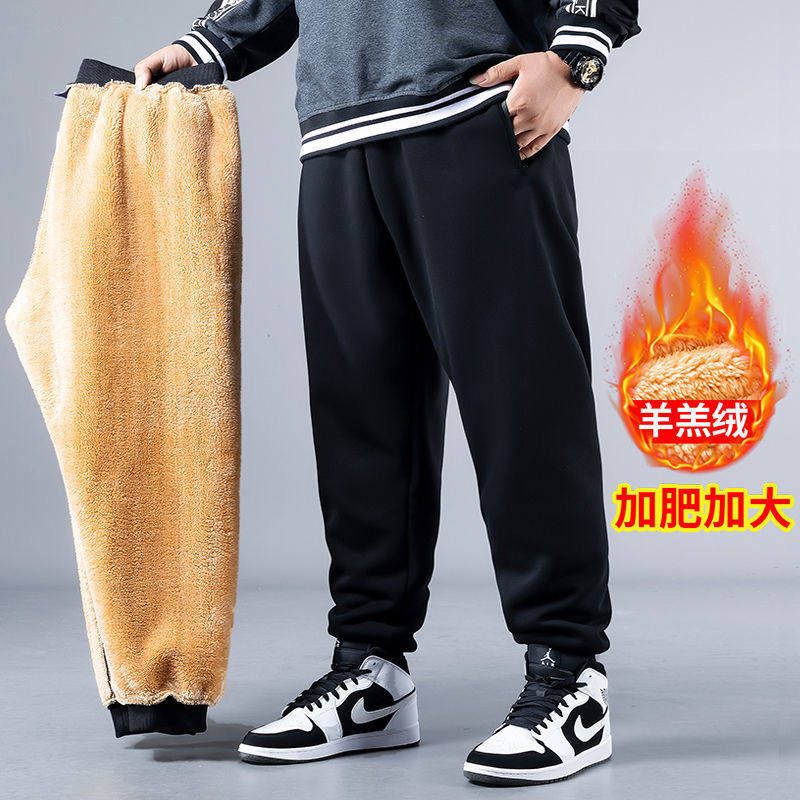 加肥加大码羊羔绒裤子男士秋冬加绒保暖宽松运动束脚休闲裤男胖子肥佬长裤_虎窝淘