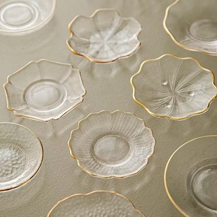 玻璃杯托底座防烫隔热荷叶杯托金边玻璃茶杯茶托玻璃茶碟茶点杯碟