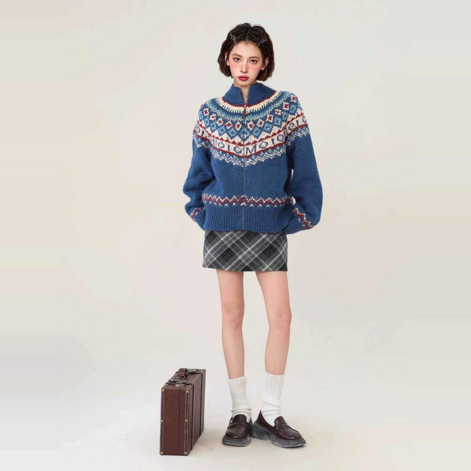 费尔岛蓝色高领毛衣外套女秋冬北欧风复古慵懒风加厚针织开衫冬季,个性定制/设计服务/DIY,棉服工装,淘宝优惠券,粉丝福利购,淘宝优惠卷