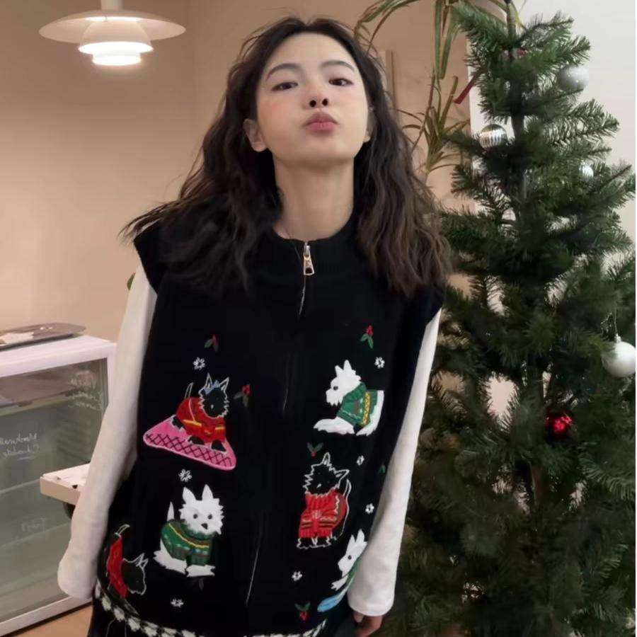 超重工！黑色卡通刺绣针织马甲外套女秋装新款宽松无袖叠穿上衣潮,个性定制/设计服务/DIY,棉服工装,淘宝优惠券,粉丝福利购,淘宝优惠卷
