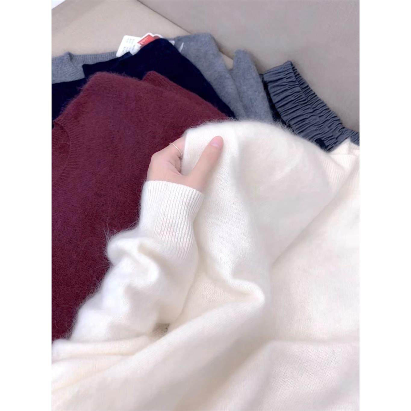 秋冬新品【全毛拉绒】无缝一体圆领套头纯色宽松长袖厚毛衣 5521