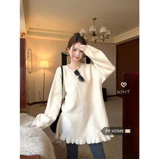 PPHOME韩系花边下摆宽松圆领毛衣女秋冬加厚温柔中长款上衣针织衫