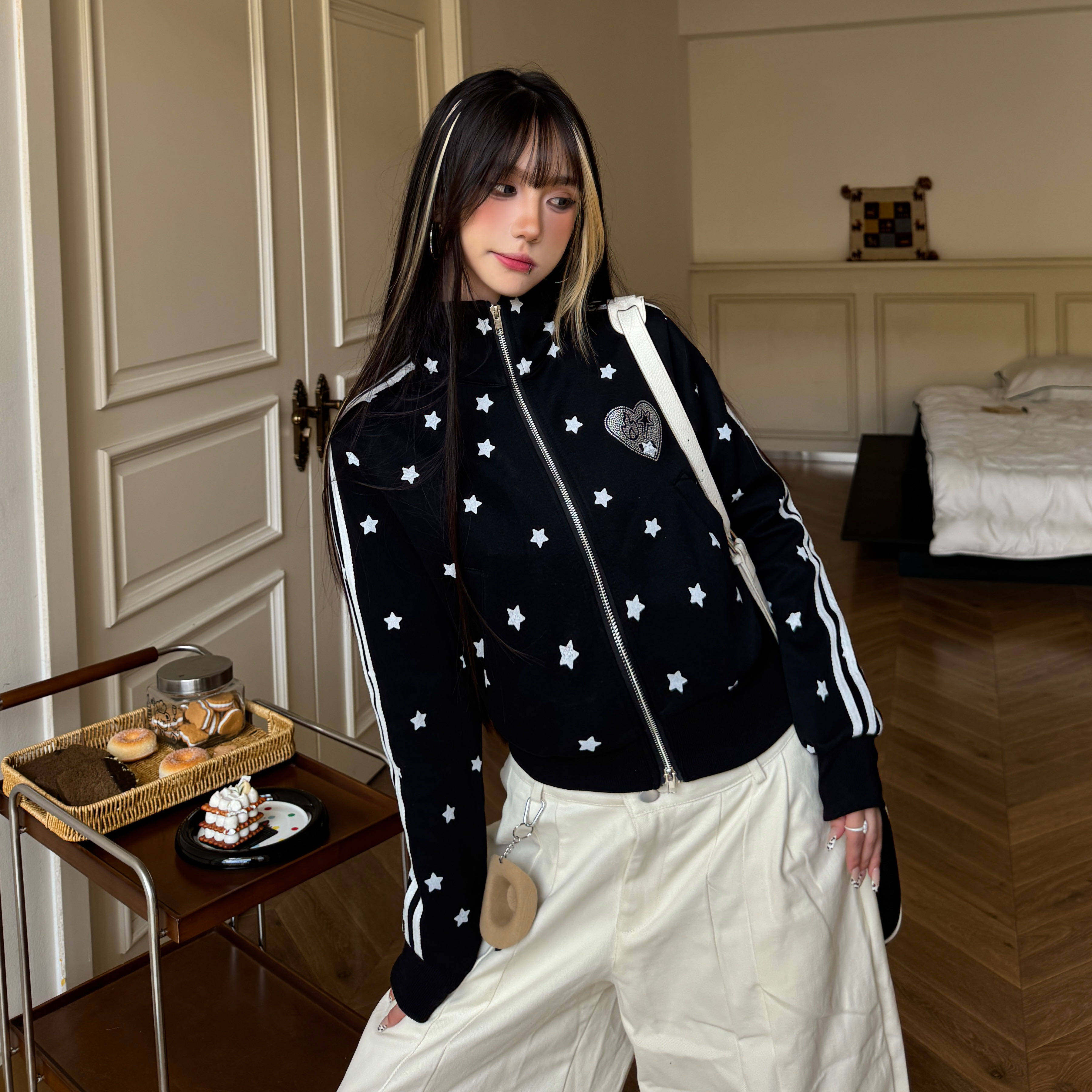 Amoeba美式覆古满印星星烫钻条纹织带立领短款拉炼 炼 开 衫女秋,个性定制/设计服务/DIY,棉服工装,淘宝优惠券,粉丝福利购,淘宝优惠卷